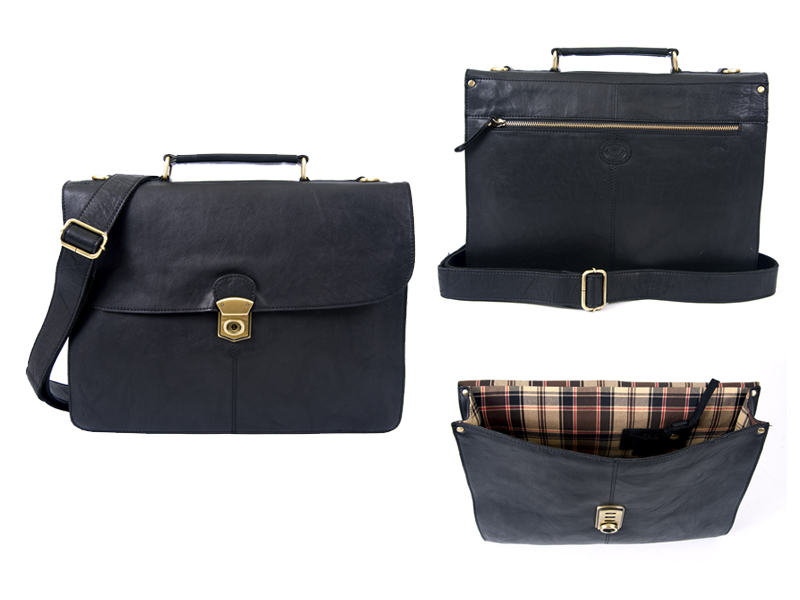 0804 BLACK F.Grn C.Hide Large Satchel Style Doc./Work Bag (image for) 0804 BLACK F.Grn C.Hide Large Satchel Style Doc./Work Bag
